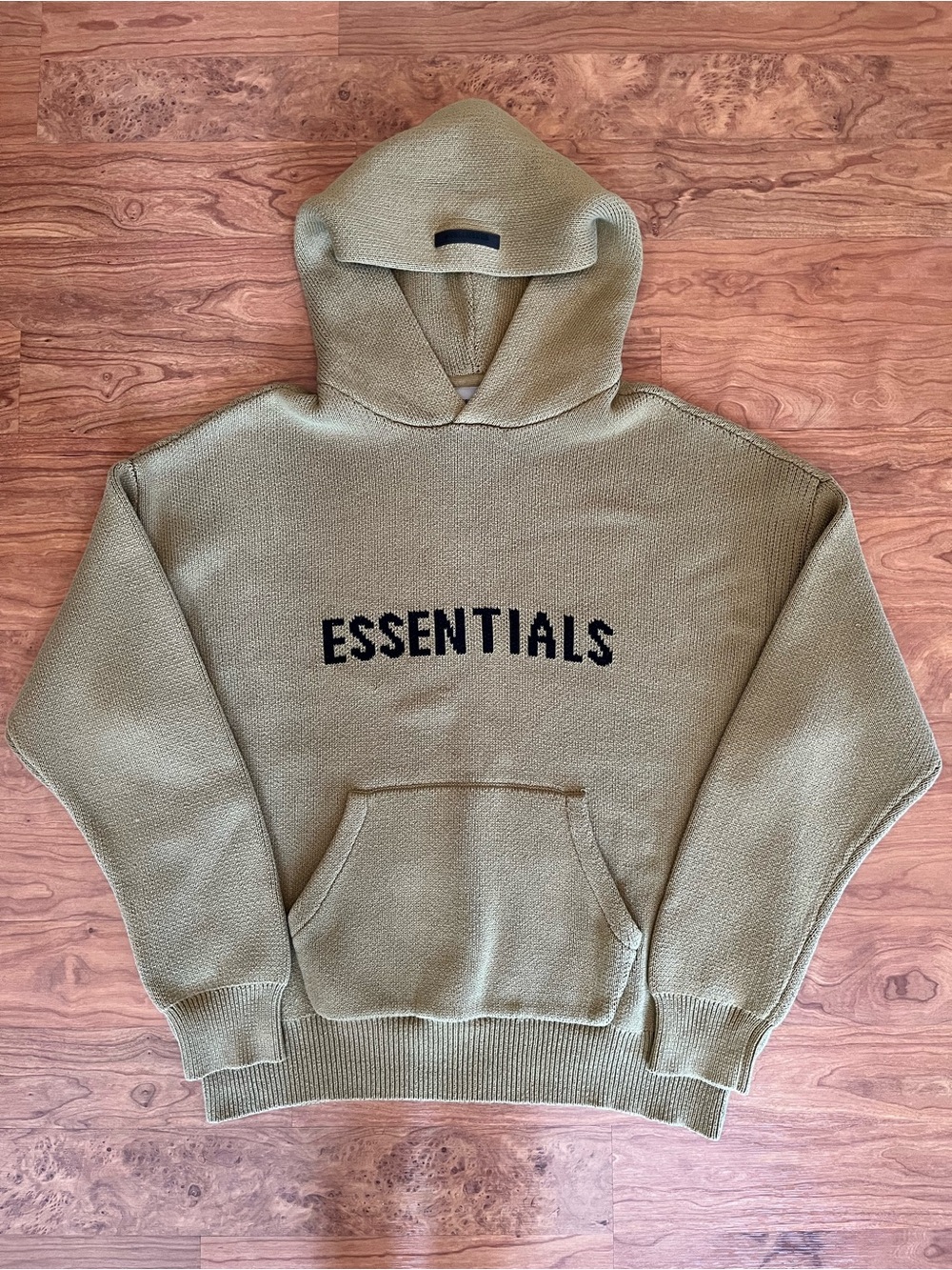 ESSENTIALS Olive Knit Hoodie with Black Chest Logo